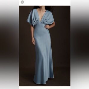 BHLDN Leila Deep V Flutter sleeve dress in Dusty Blue